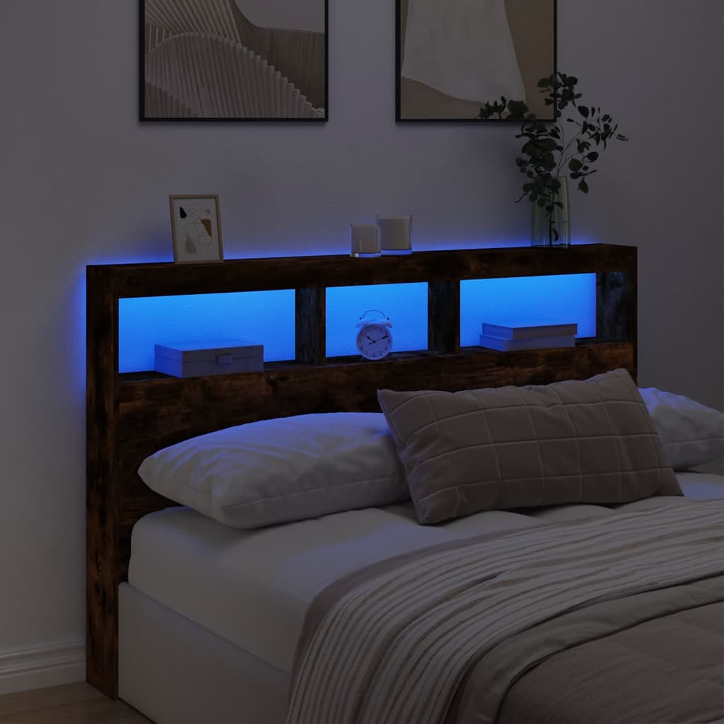 sengegavl med opbevaring og LED-lys 160x17x102 cm røget eg