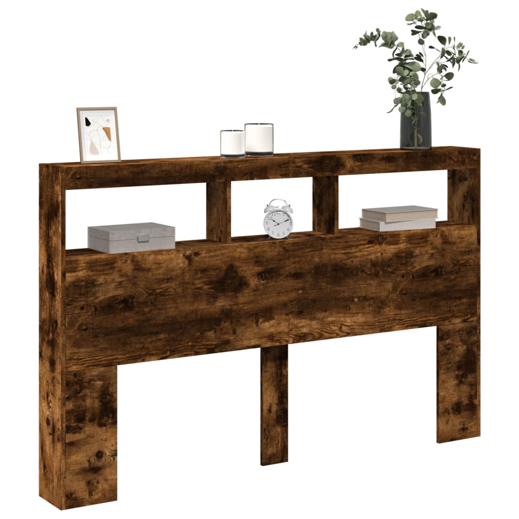sengegavl med opbevaring og LED-lys 160x17x102 cm røget eg
