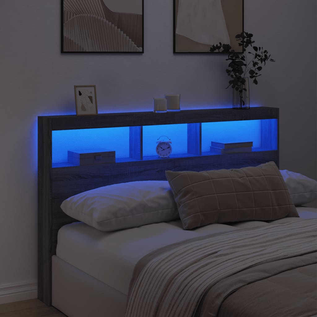 sengegavl med opbevaring og LED-lys 160x17x102 cm grå sonoma-eg