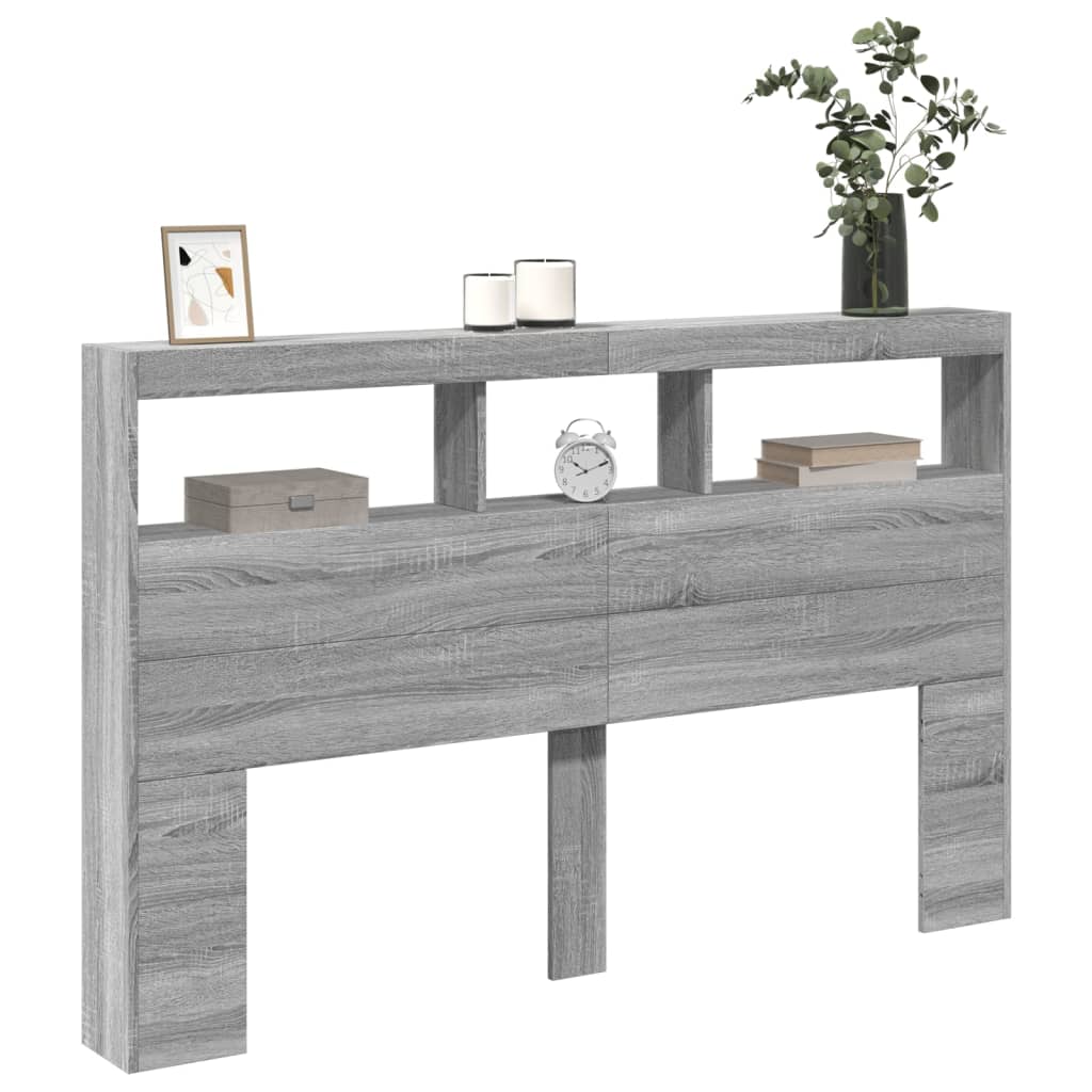 sengegavl med opbevaring og LED-lys 160x17x102 cm grå sonoma-eg