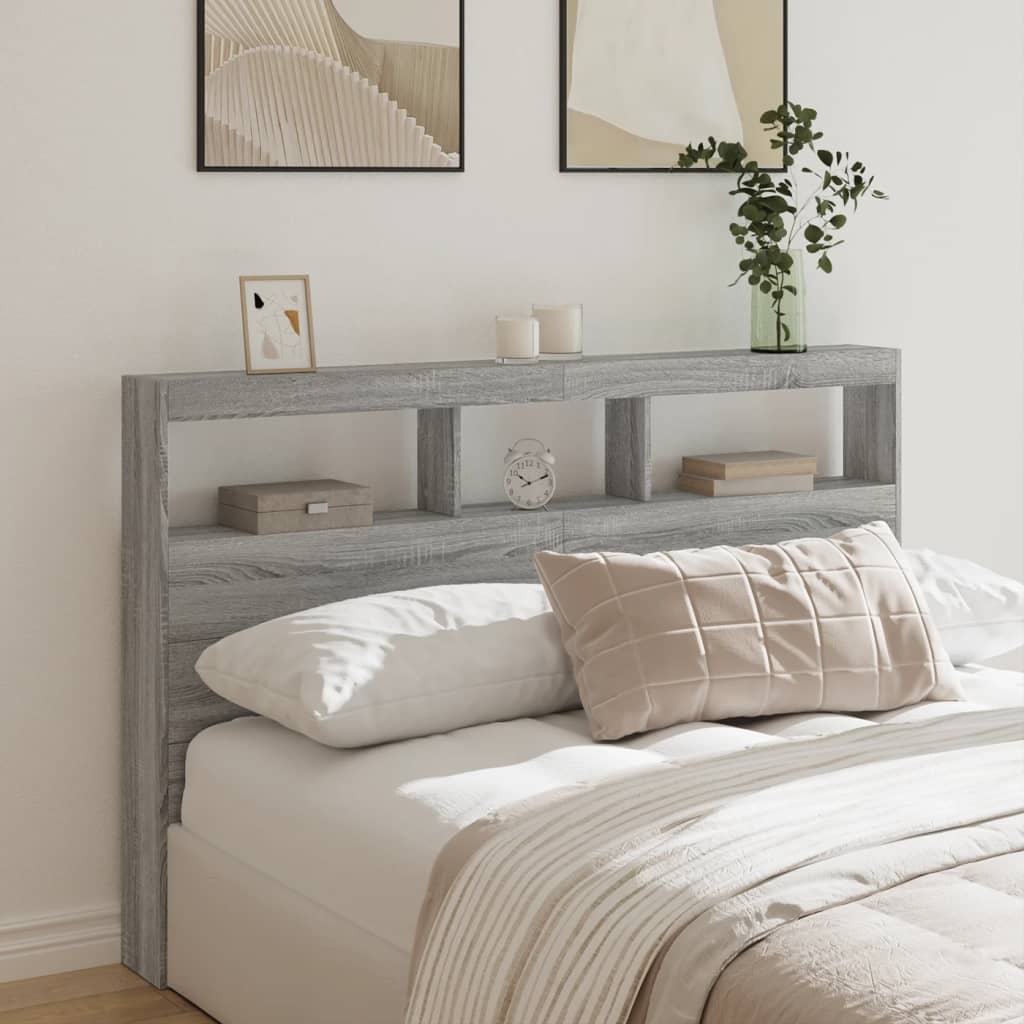 sengegavl med opbevaring og LED-lys 160x17x102 cm grå sonoma-eg