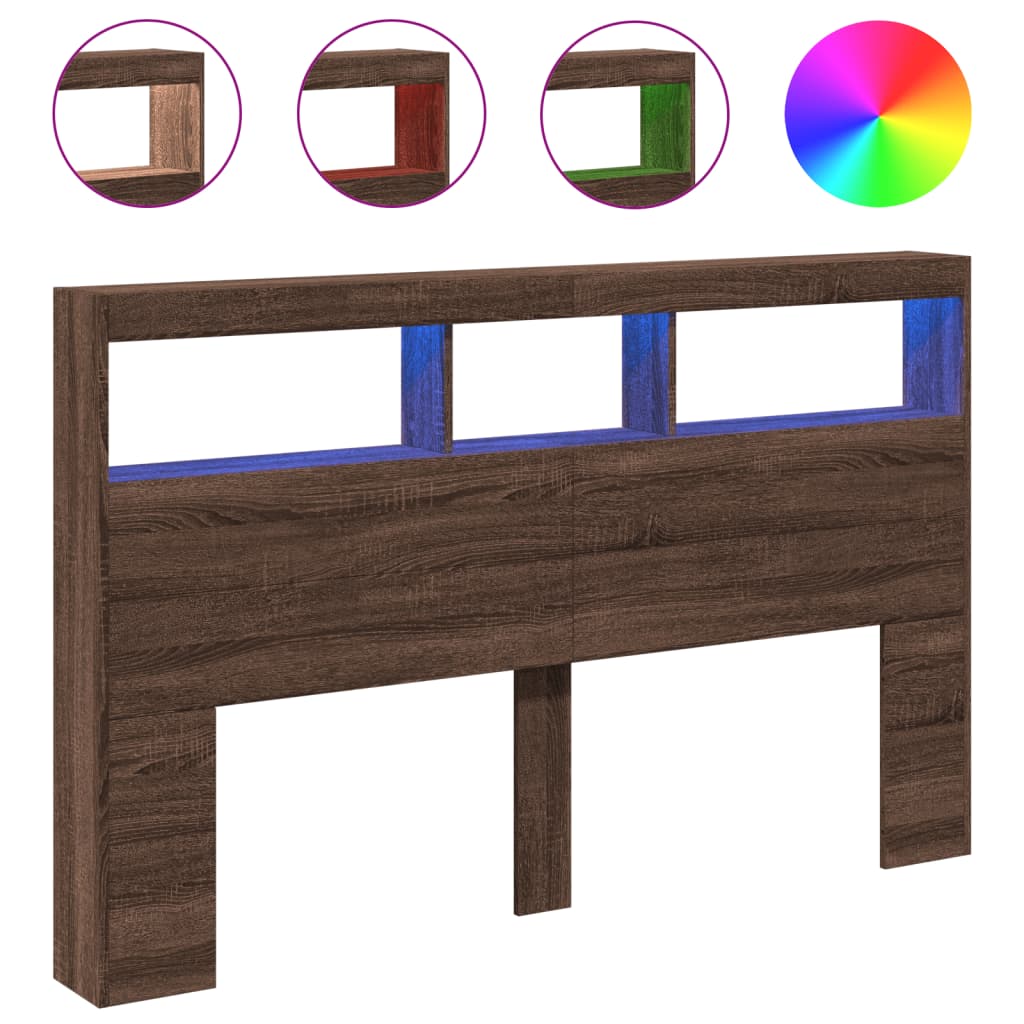 sengegavl med opbevaring og LED-lys 160x17x102 cm brunt eg