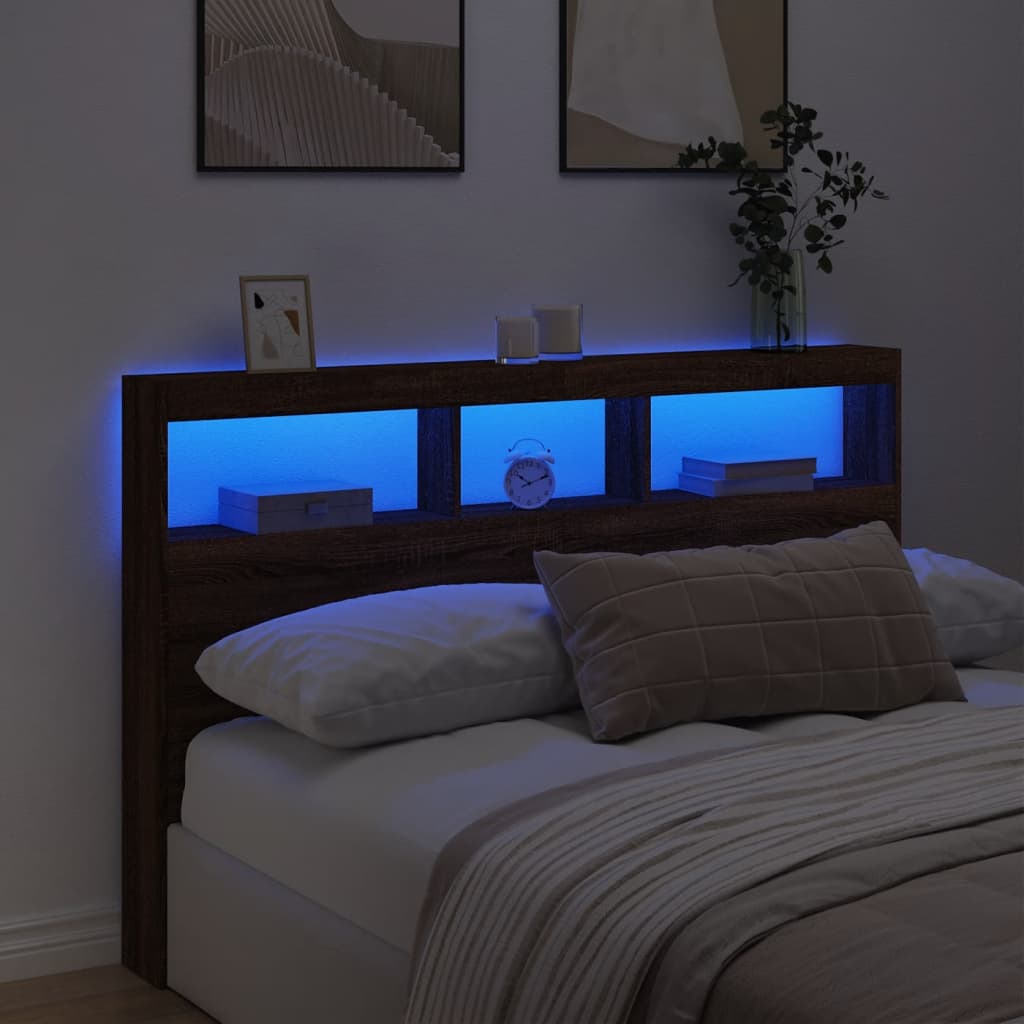 sengegavl med opbevaring og LED-lys 160x17x102 cm brunt eg