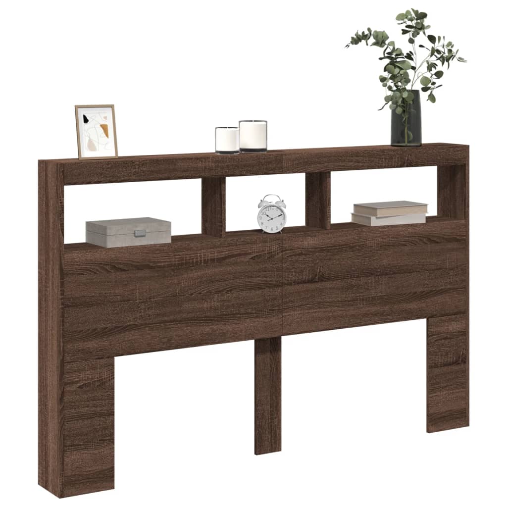 sengegavl med opbevaring og LED-lys 160x17x102 cm brunt eg