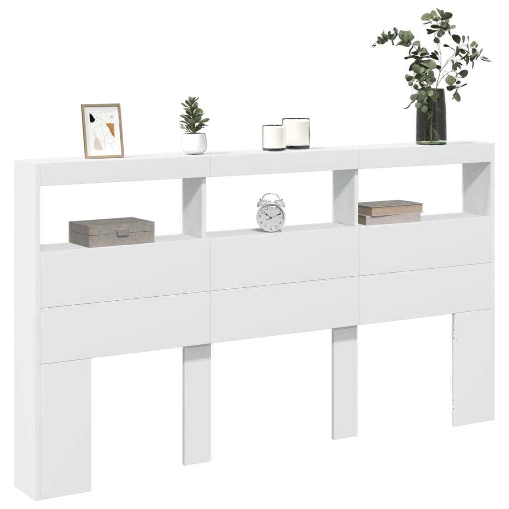 sengegavl med opbevaring og LED-lys 180x17x102 cm hvid