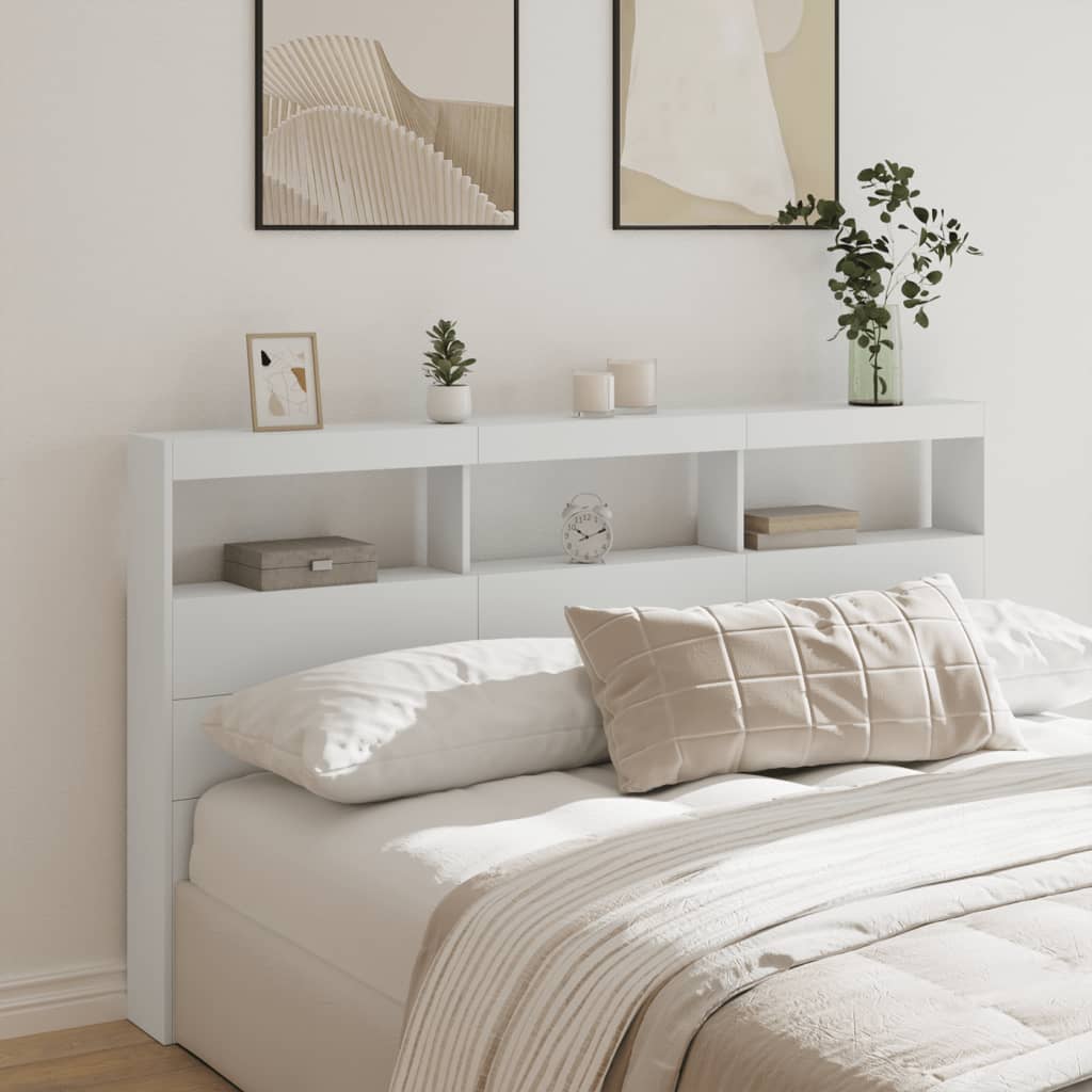 sengegavl med opbevaring og LED-lys 180x17x102 cm hvid