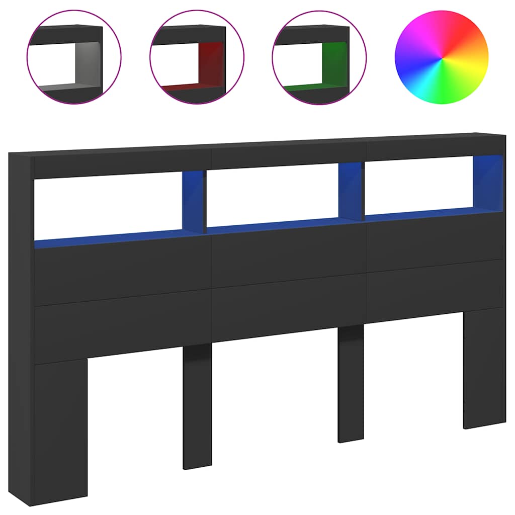 sengegavl med opbevaring og LED-lys 180x17x102 cm sort