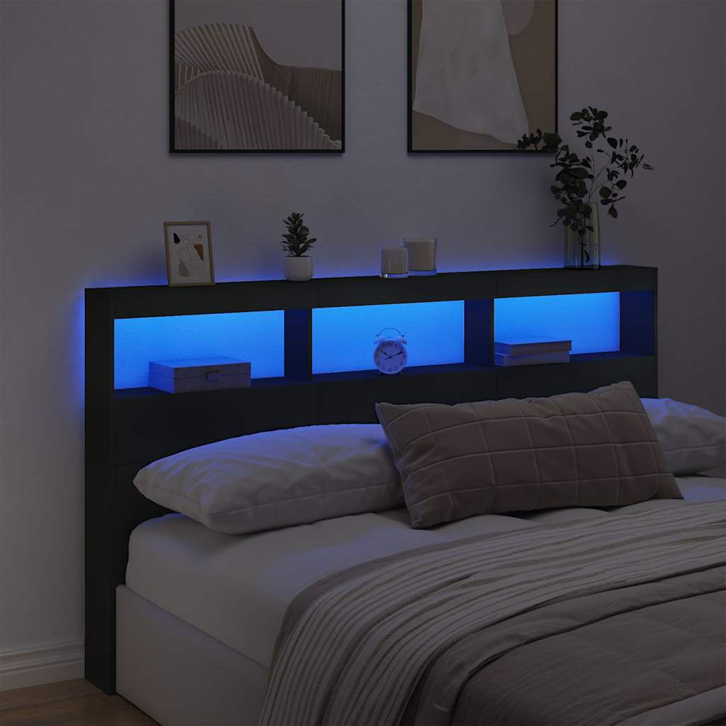 sengegavl med opbevaring og LED-lys 180x17x102 cm sort