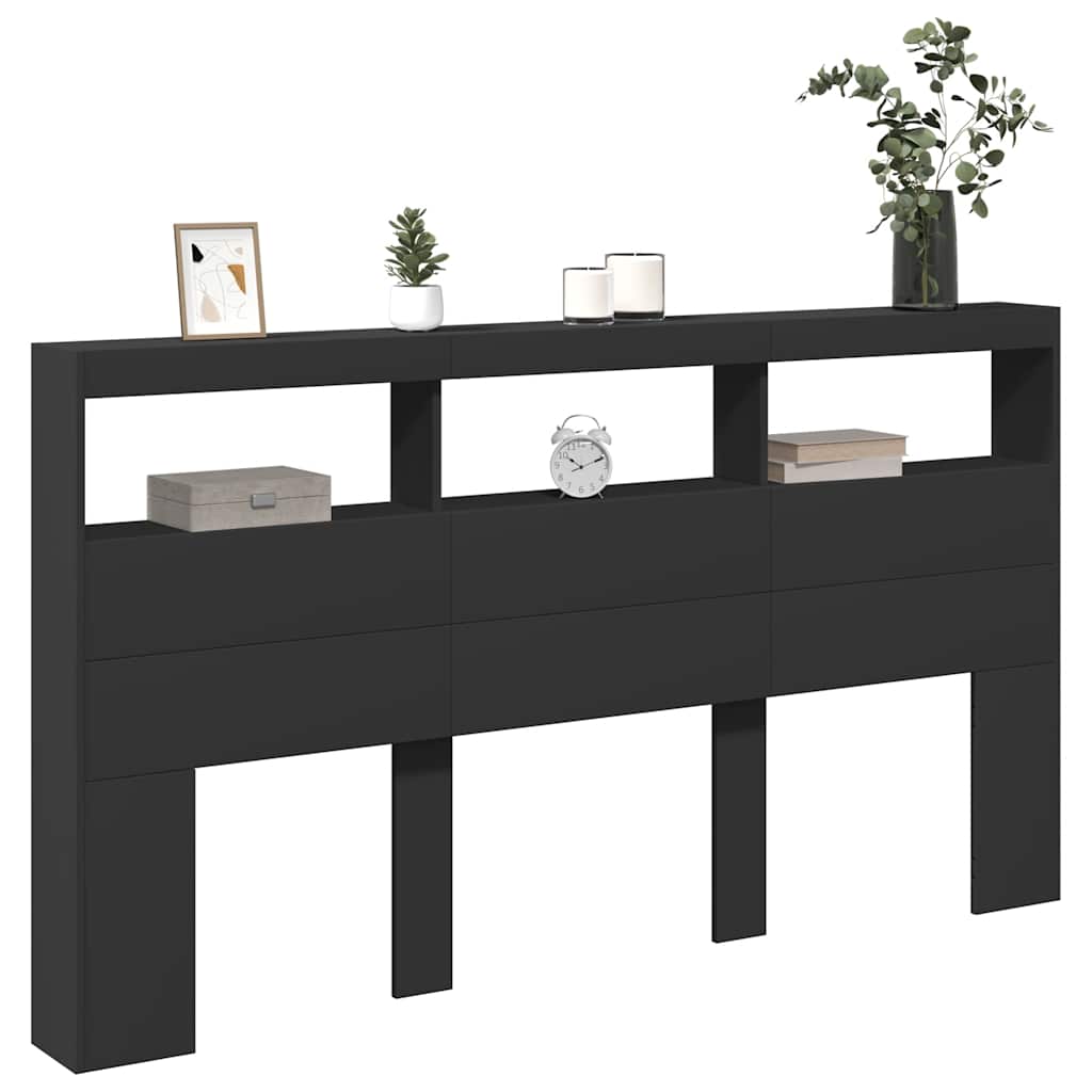 sengegavl med opbevaring og LED-lys 180x17x102 cm sort