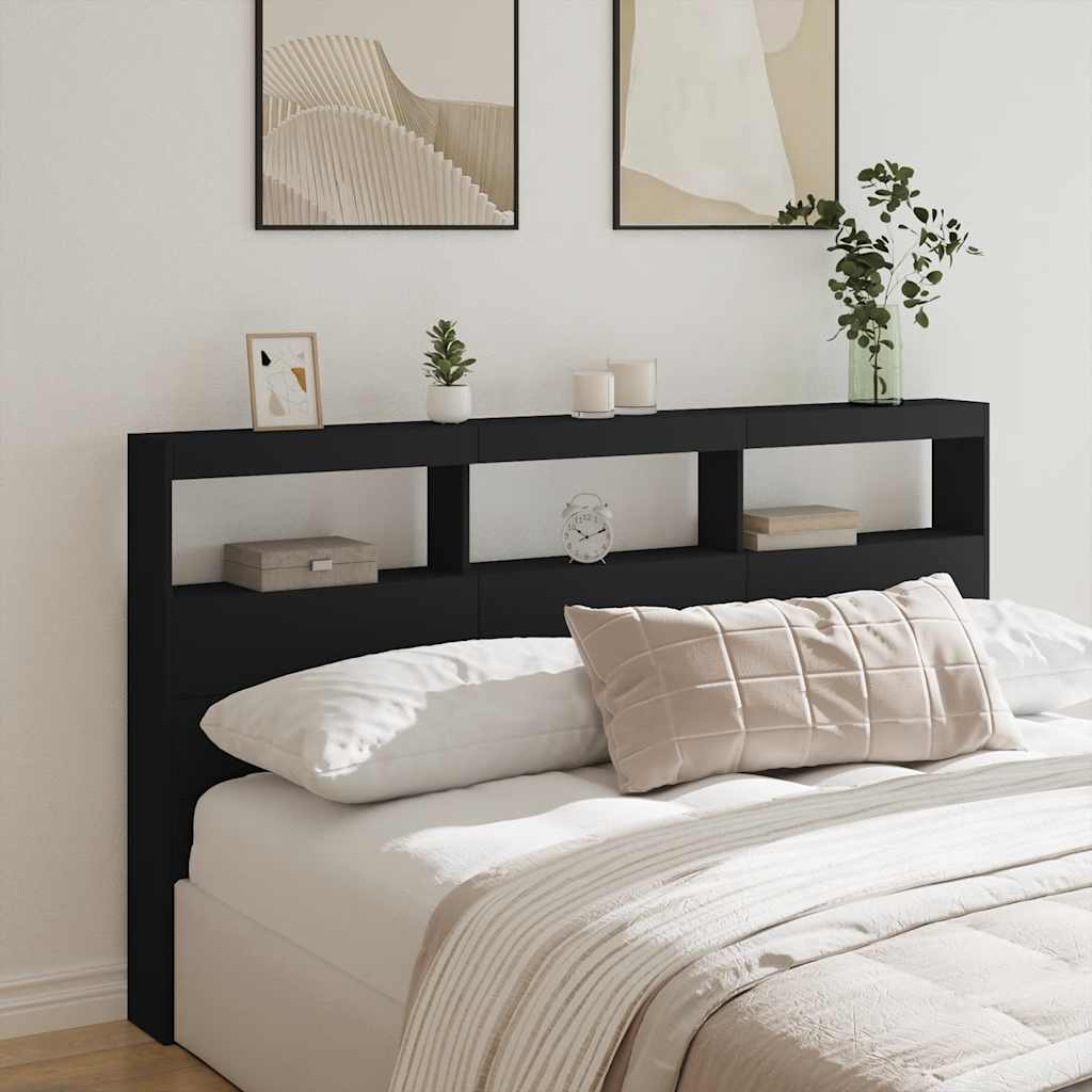 sengegavl med opbevaring og LED-lys 180x17x102 cm sort