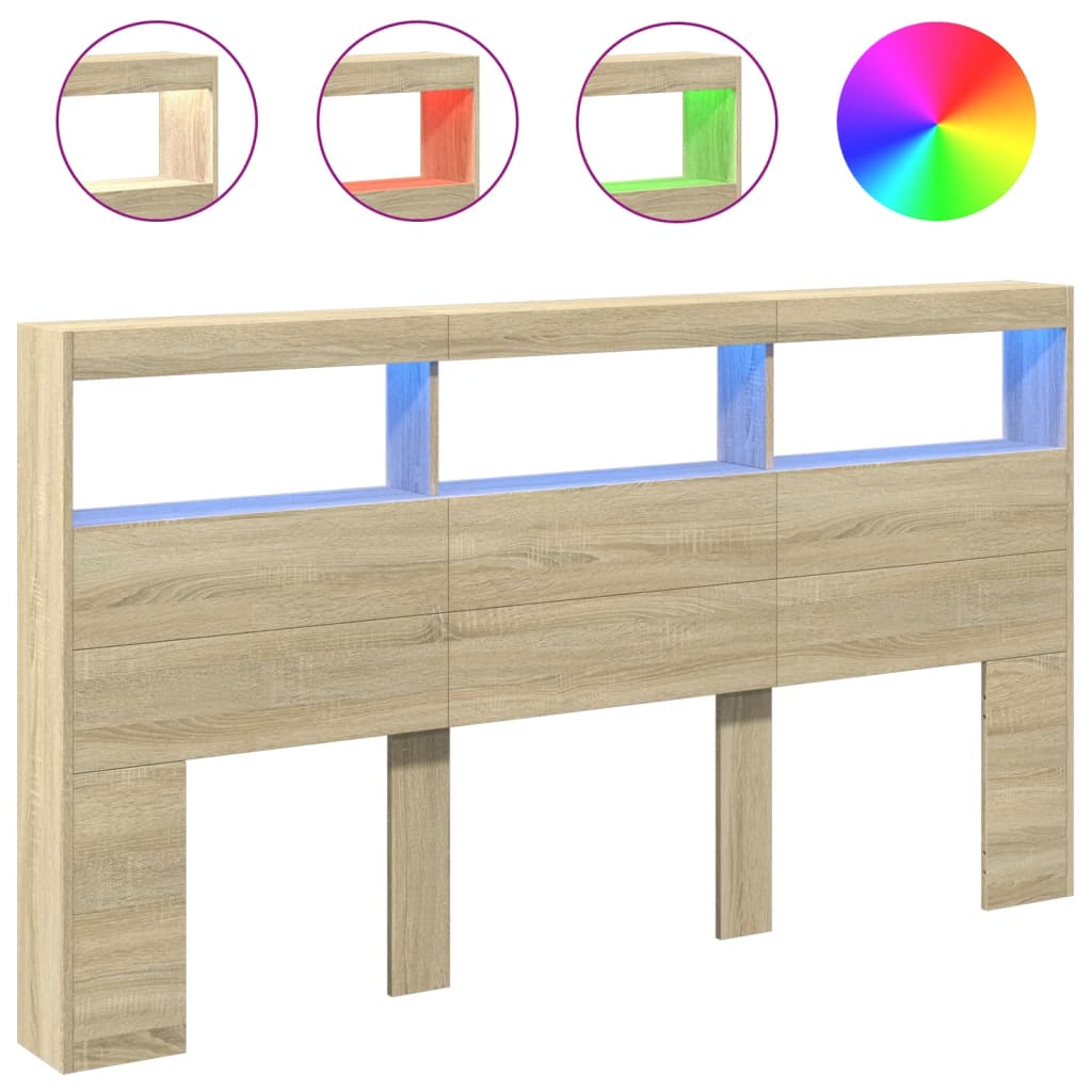 sengegavl med opbevaring og LED-lys 180x17x102 cm sonoma-eg