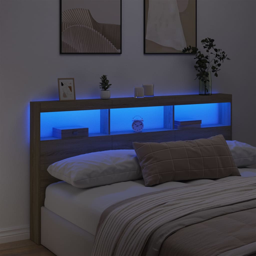 sengegavl med opbevaring og LED-lys 180x17x102 cm sonoma-eg