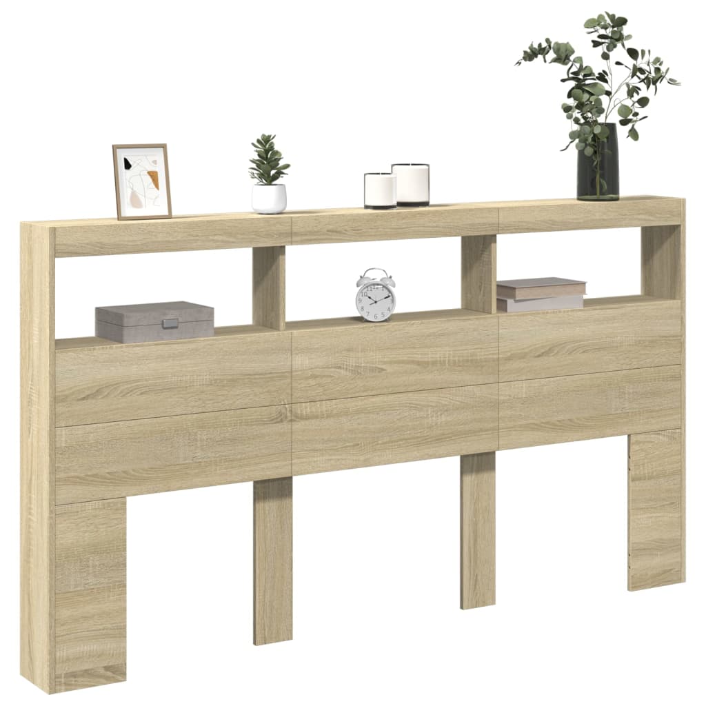 sengegavl med opbevaring og LED-lys 180x17x102 cm sonoma-eg