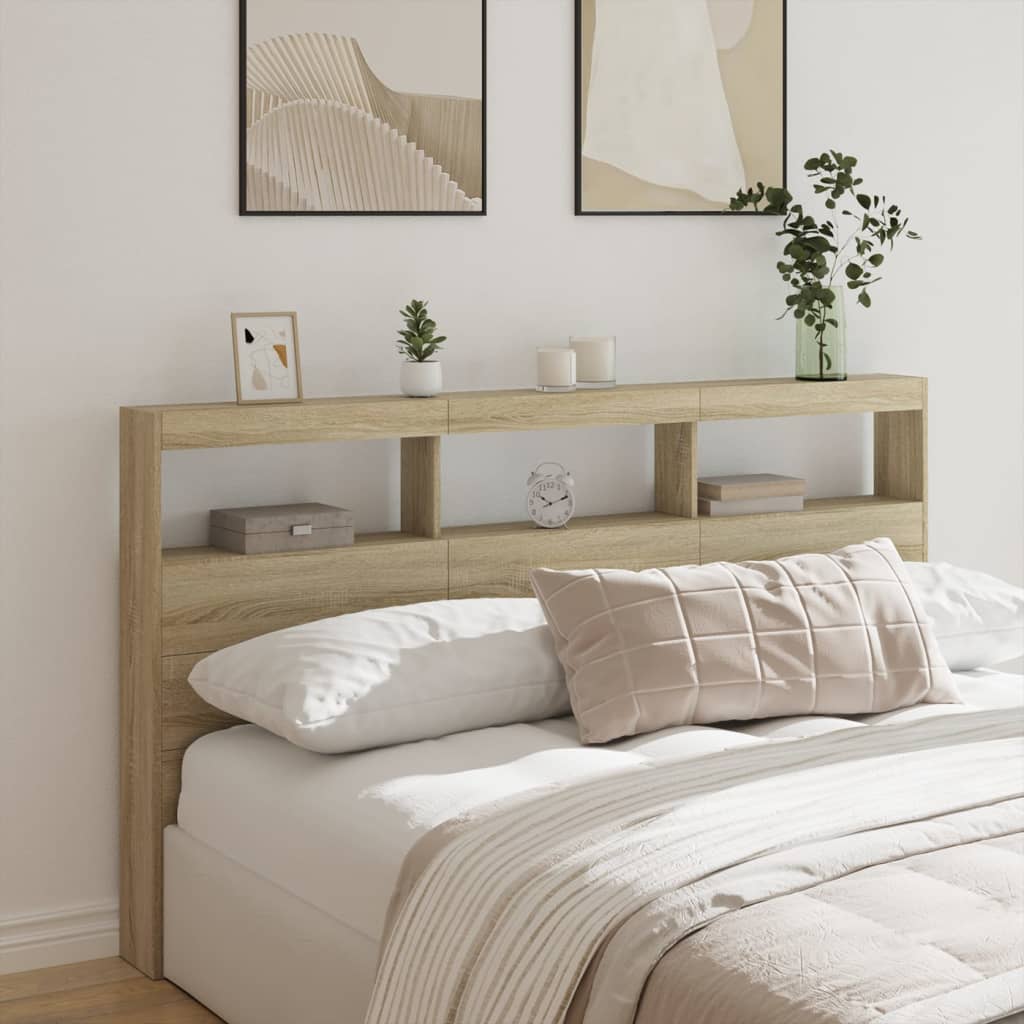 sengegavl med opbevaring og LED-lys 180x17x102 cm sonoma-eg