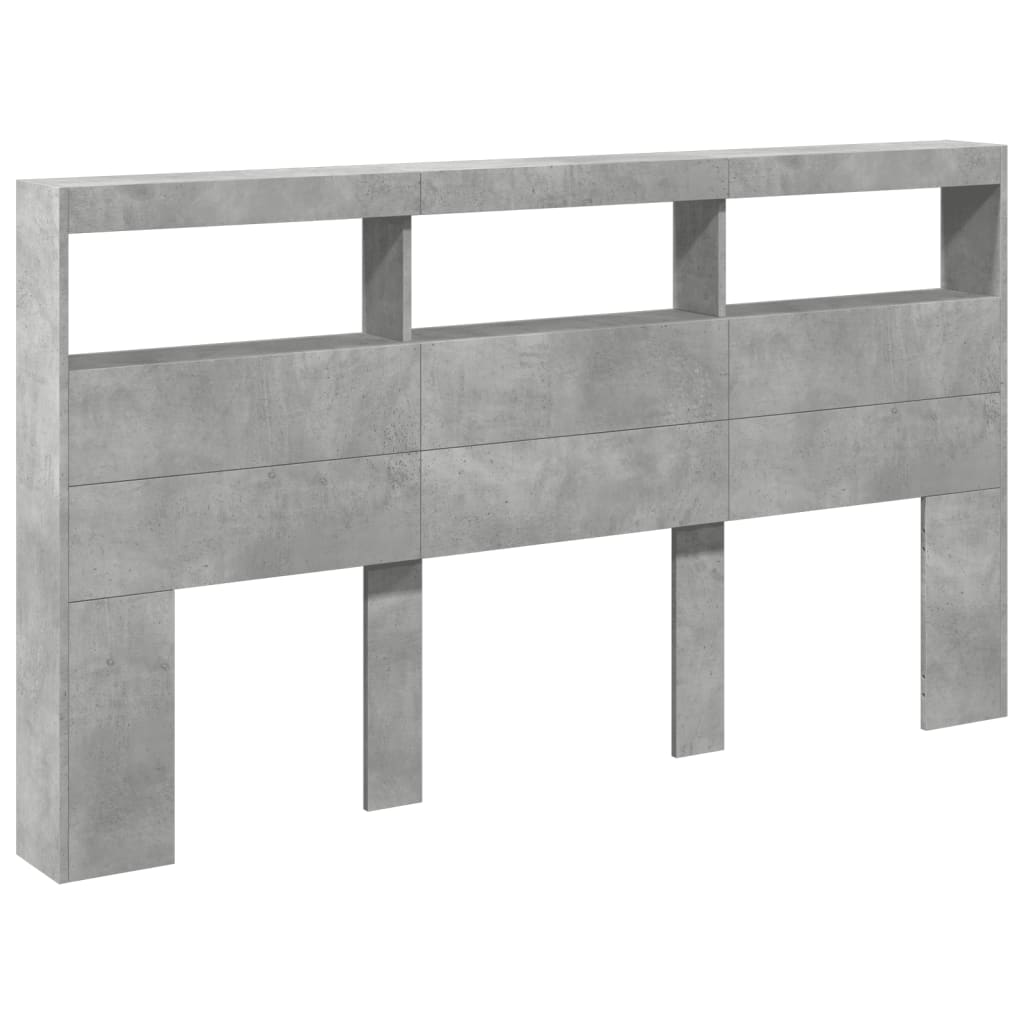 sengegavl med opbevaring og LED-lys 180x17x102 cm betongrå
