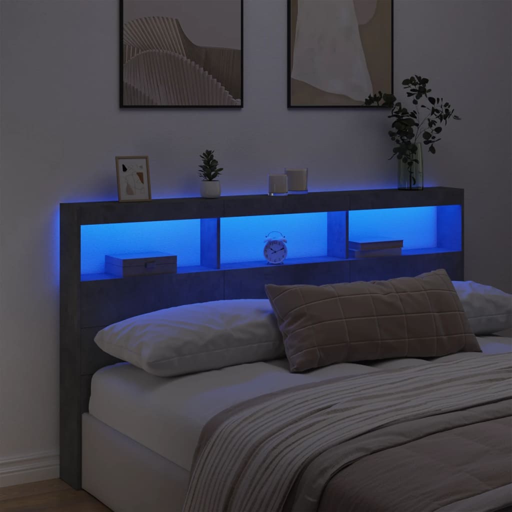sengegavl med opbevaring og LED-lys 180x17x102 cm betongrå