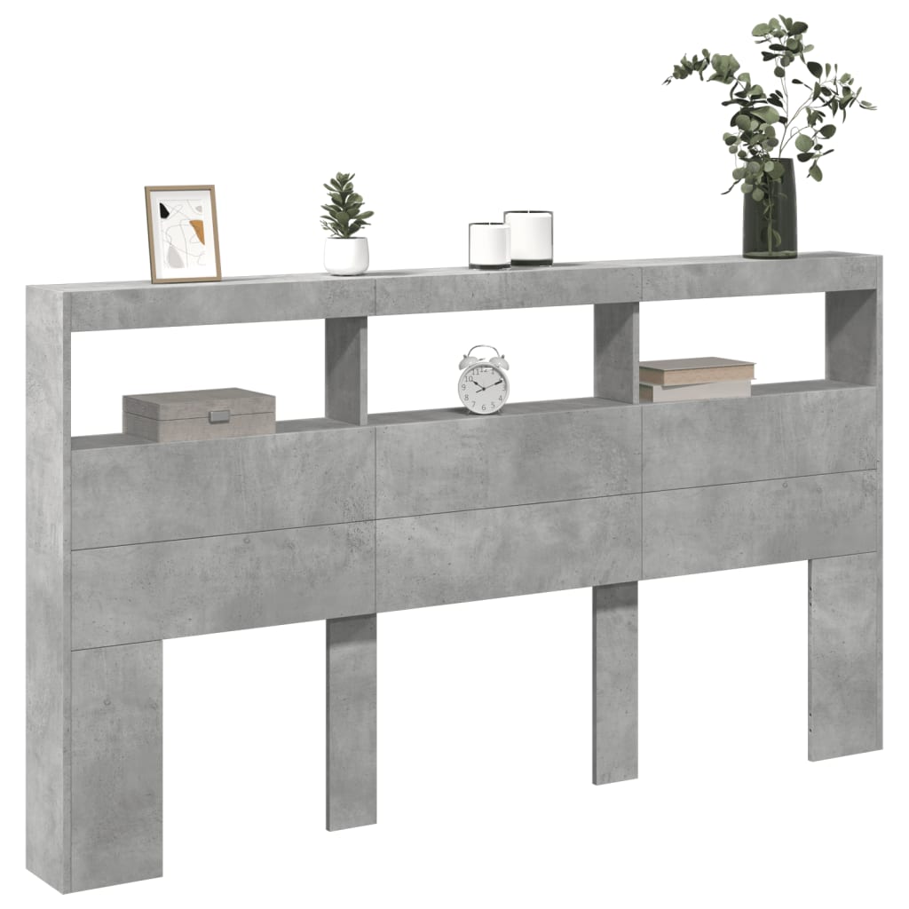 sengegavl med opbevaring og LED-lys 180x17x102 cm betongrå
