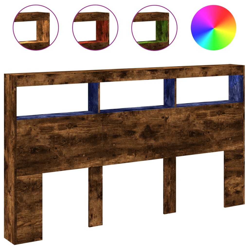 sengegavl med opbevaring og LED-lys 180x17x102 cm røget eg