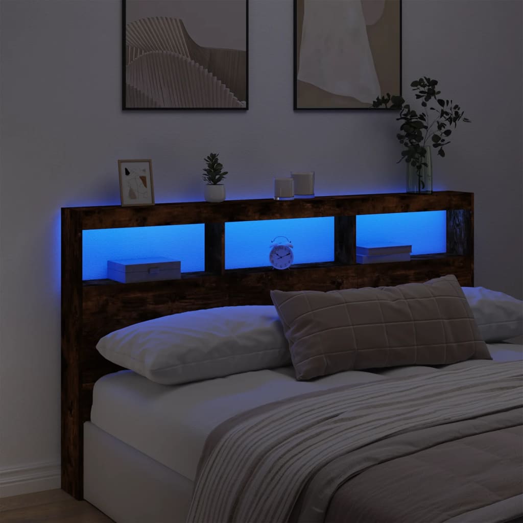 sengegavl med opbevaring og LED-lys 180x17x102 cm røget eg