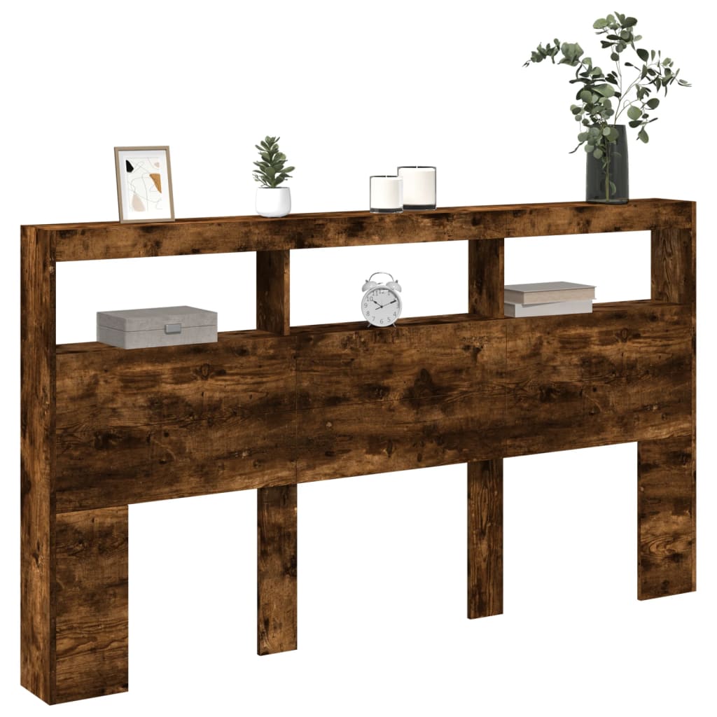 sengegavl med opbevaring og LED-lys 180x17x102 cm røget eg