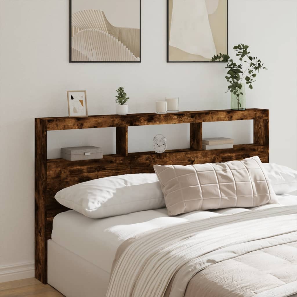 sengegavl med opbevaring og LED-lys 180x17x102 cm røget eg