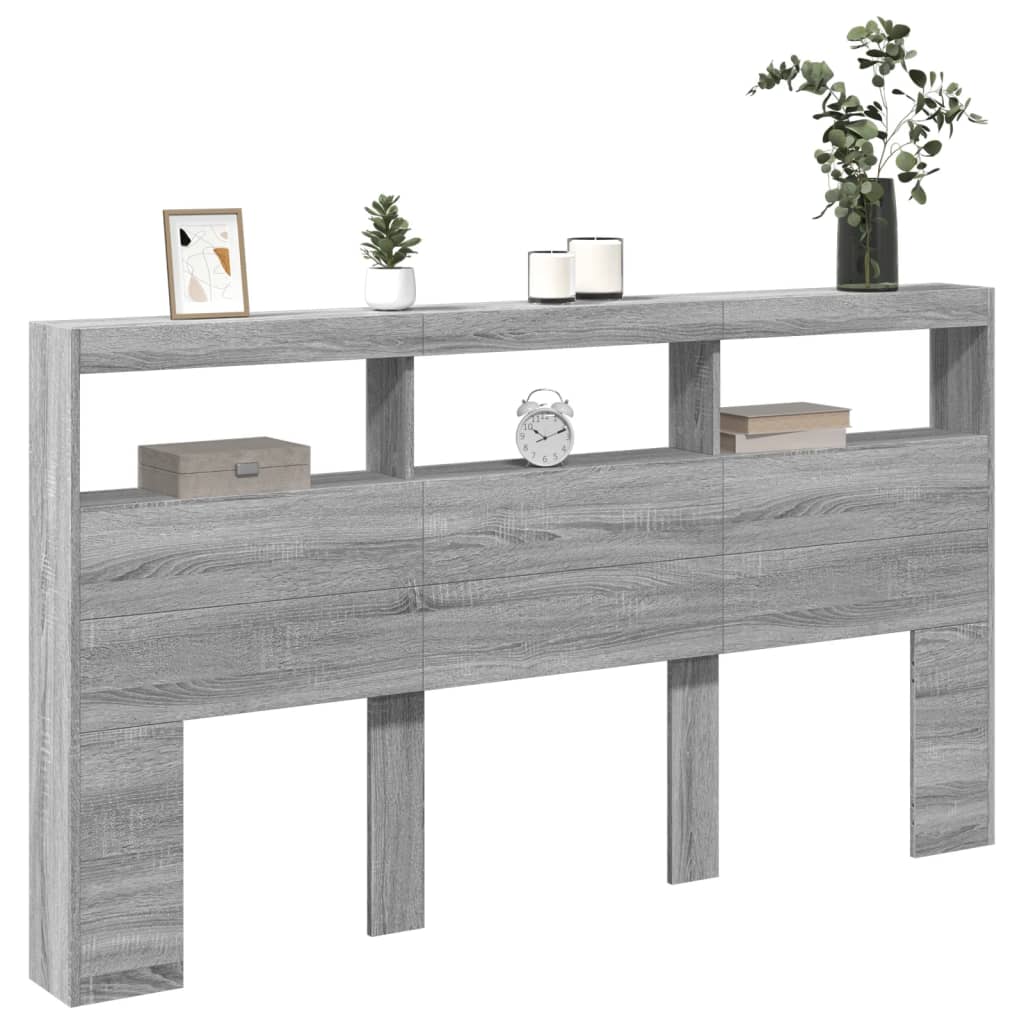 sengegavl med opbevaring og LED-lys 180x17x102 cm grå sonoma-eg