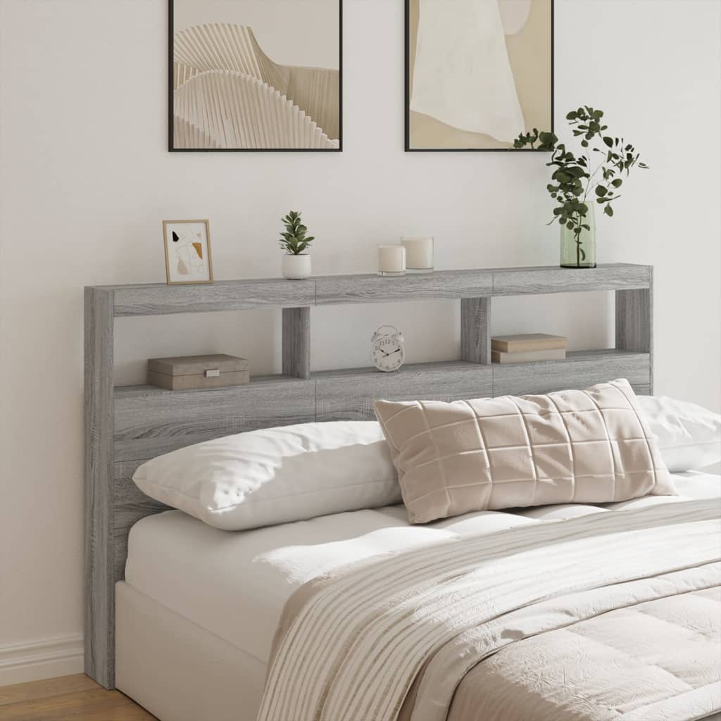 sengegavl med opbevaring og LED-lys 180x17x102 cm grå sonoma-eg