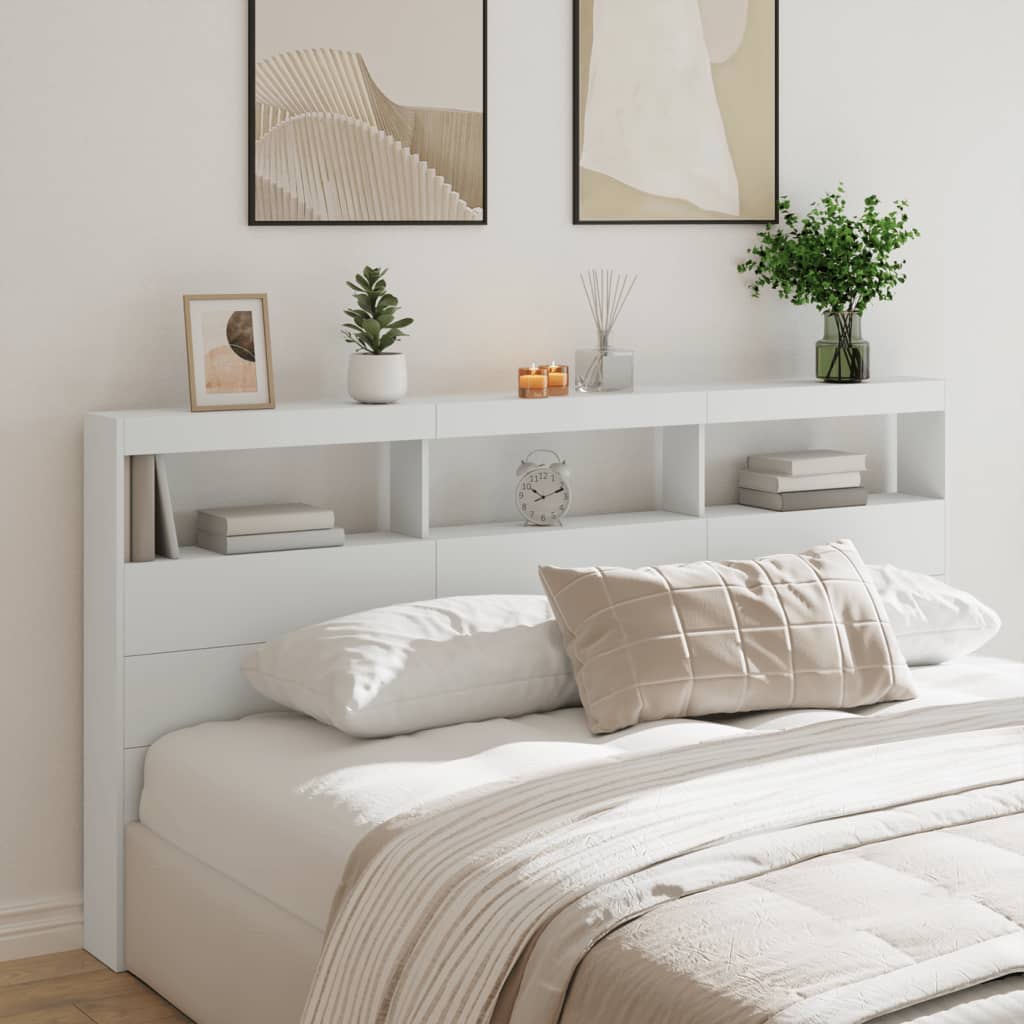 sengegavl med opbevaring og LED-lys 200x17x102 cm hvid