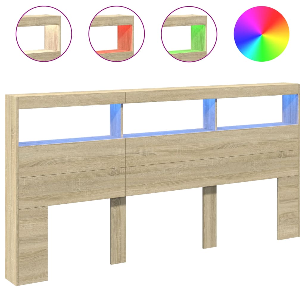 sengegavl med opbevaring og LED-lys 200x17x102 cm sonoma-eg