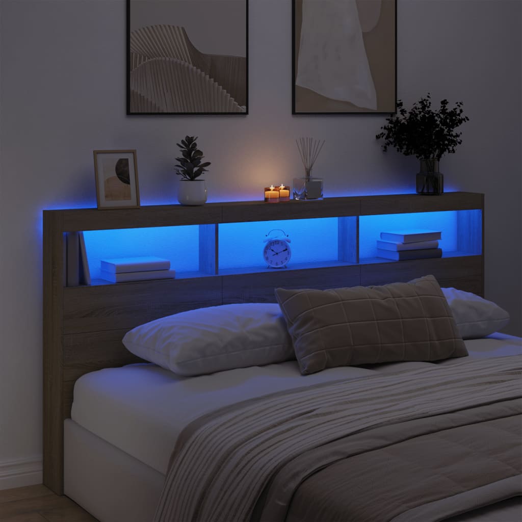 sengegavl med opbevaring og LED-lys 200x17x102 cm sonoma-eg
