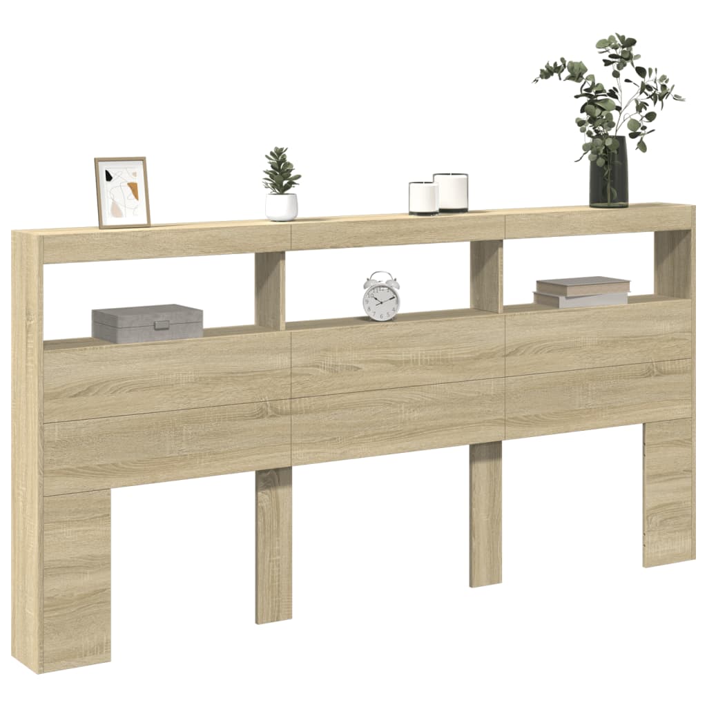 sengegavl med opbevaring og LED-lys 200x17x102 cm sonoma-eg