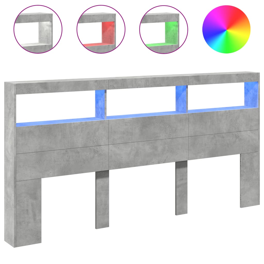 sengegavl med opbevaring og LED-lys 200x17x102 cm betongrå