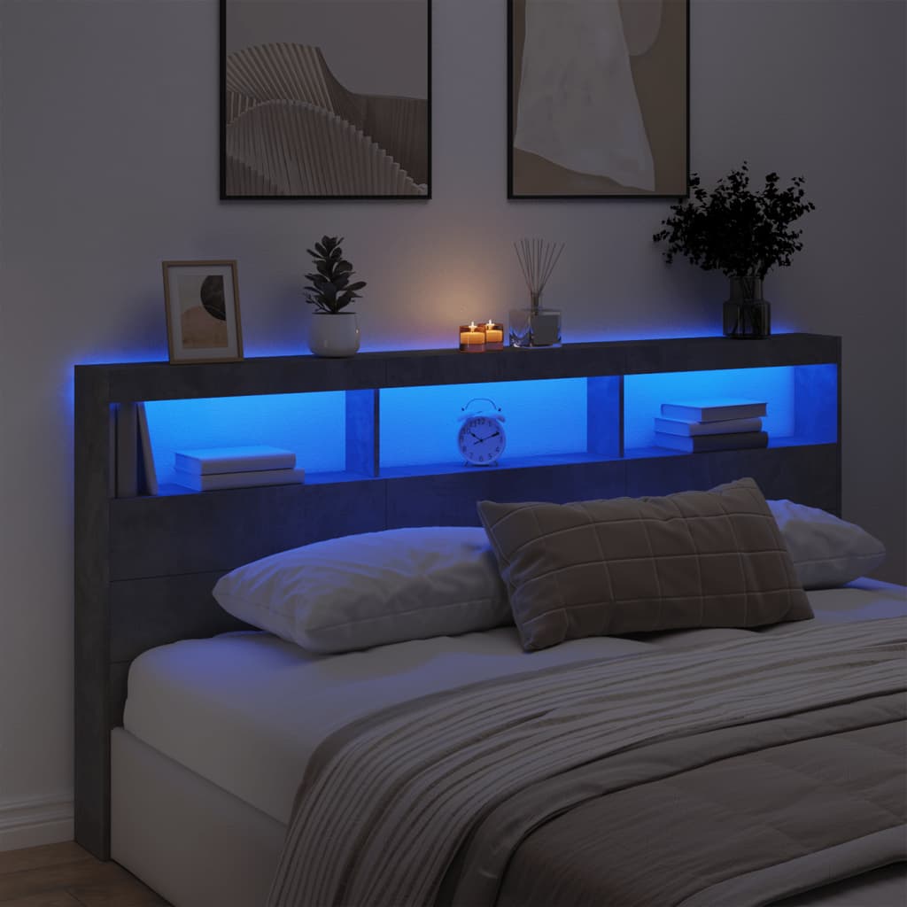 sengegavl med opbevaring og LED-lys 200x17x102 cm betongrå
