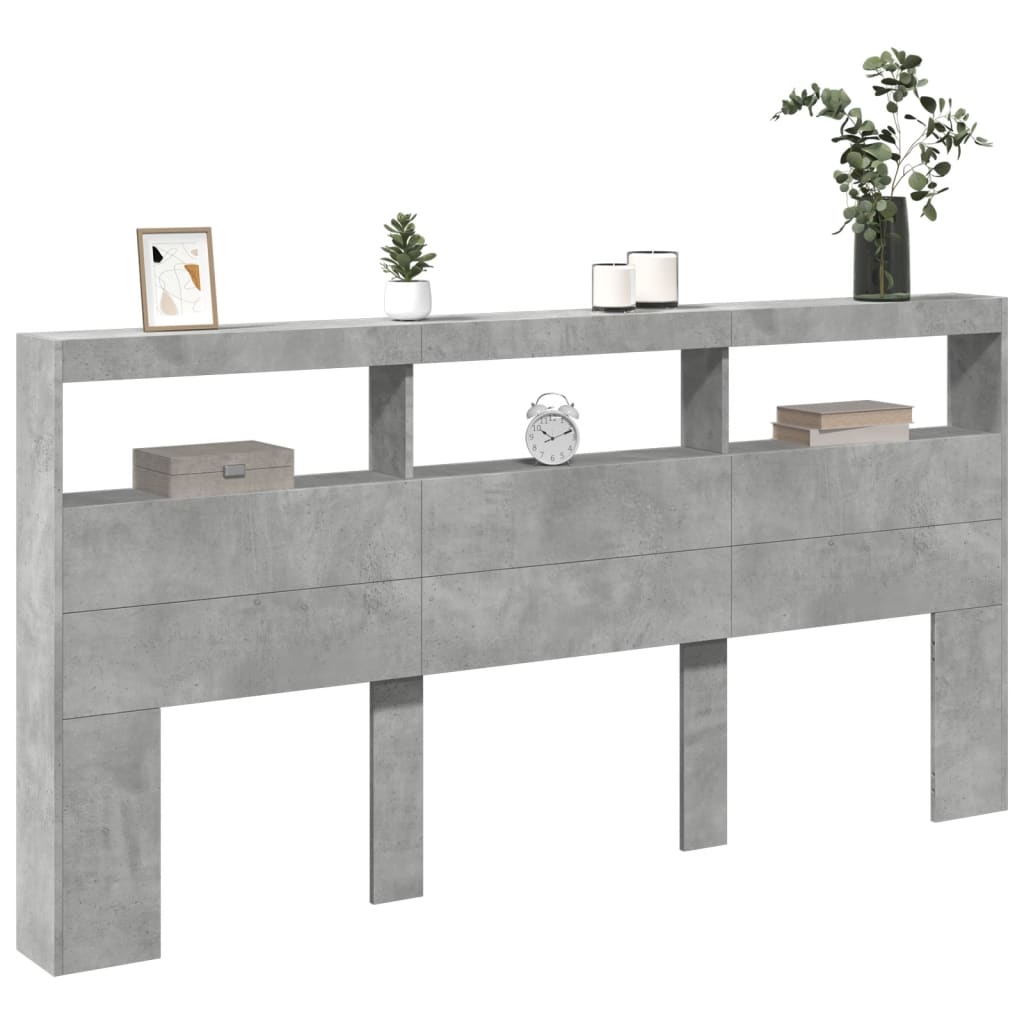 sengegavl med opbevaring og LED-lys 200x17x102 cm betongrå