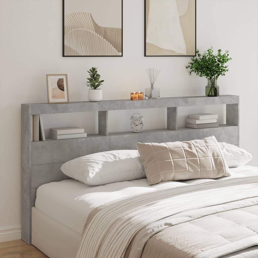 sengegavl med opbevaring og LED-lys 200x17x102 cm betongrå