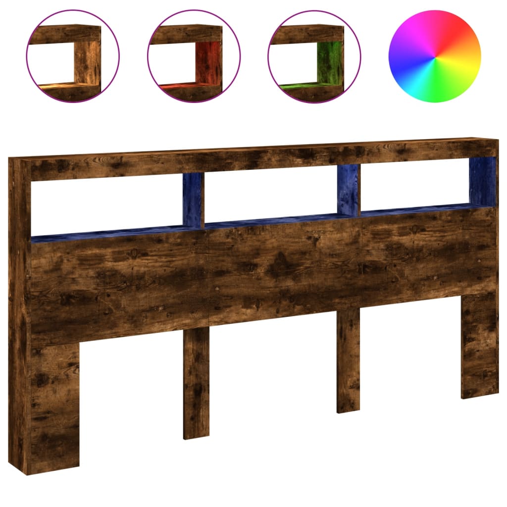 sengegavl med opbevaring og LED-lys 200x17x102 cm røget eg
