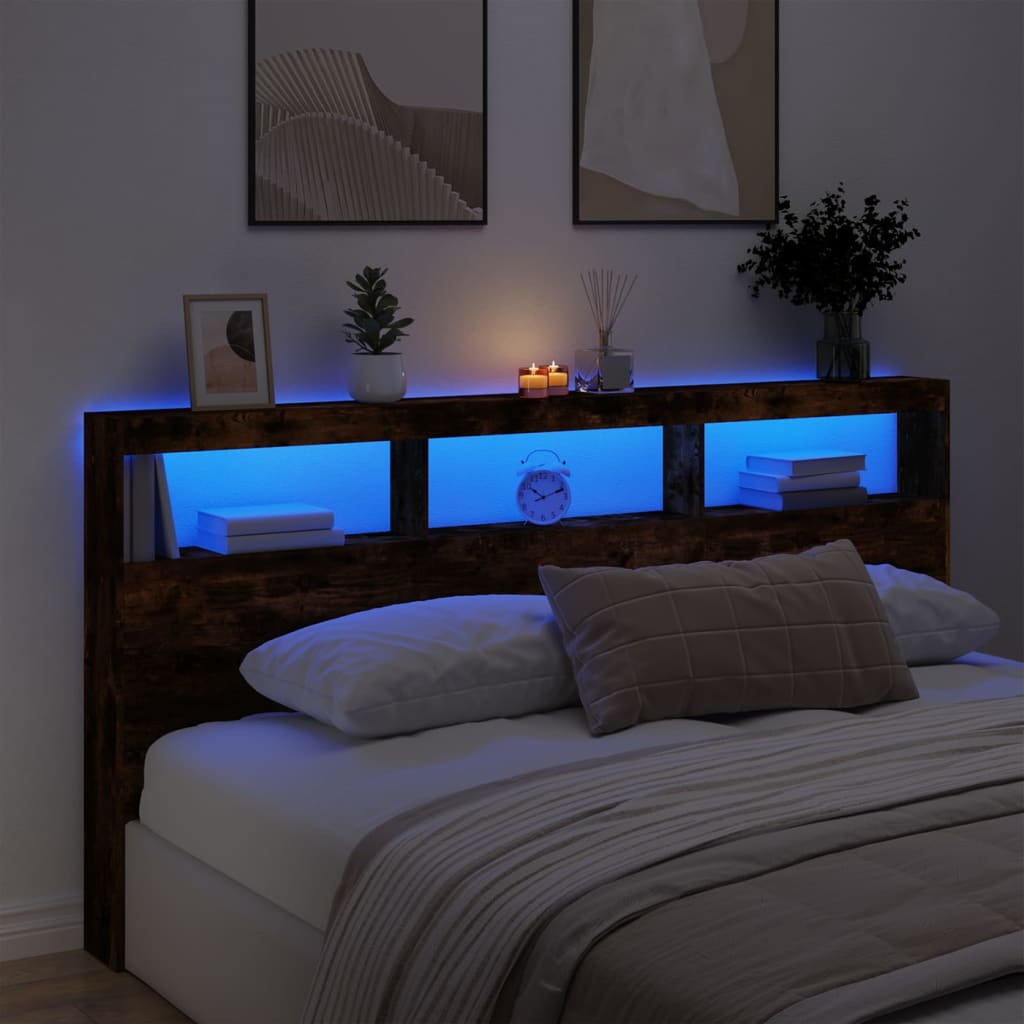 sengegavl med opbevaring og LED-lys 200x17x102 cm røget eg
