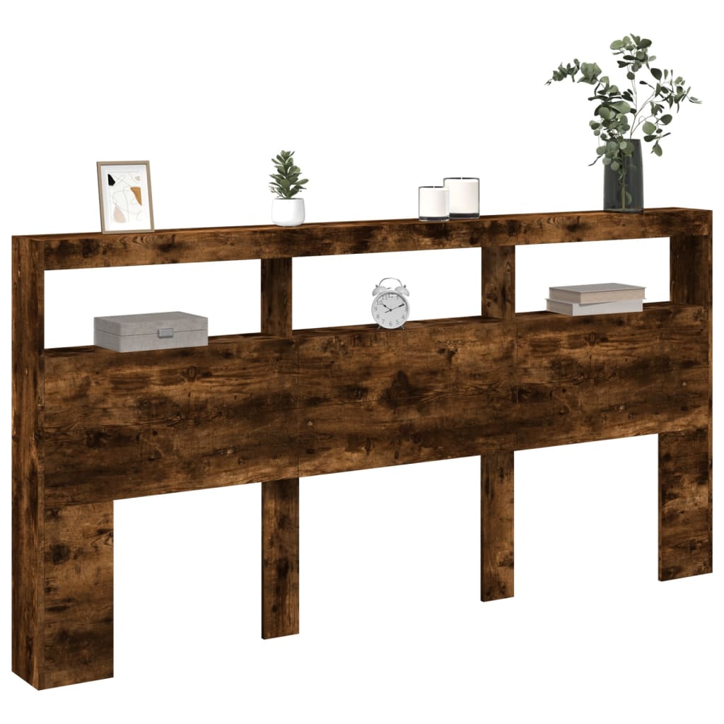 sengegavl med opbevaring og LED-lys 200x17x102 cm røget eg