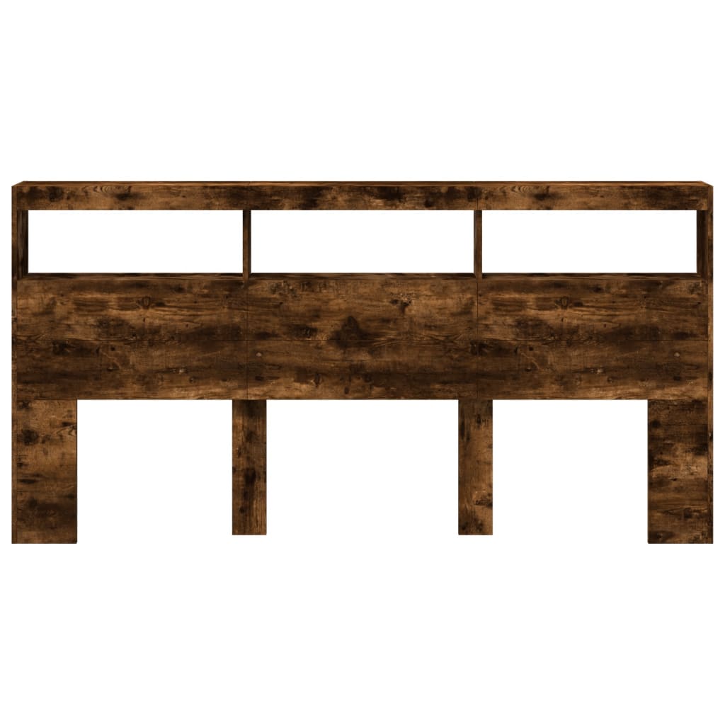 sengegavl med opbevaring og LED-lys 200x17x102 cm røget eg
