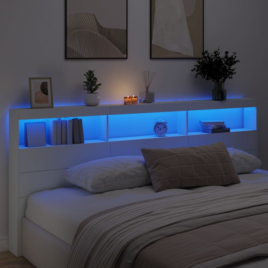 sengegavl med opbevaring og LED-lys 220x17x102 cm hvid