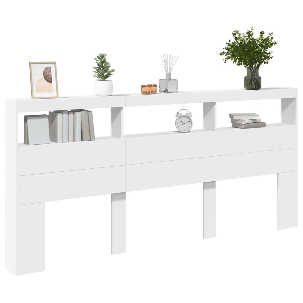 sengegavl med opbevaring og LED-lys 220x17x102 cm hvid