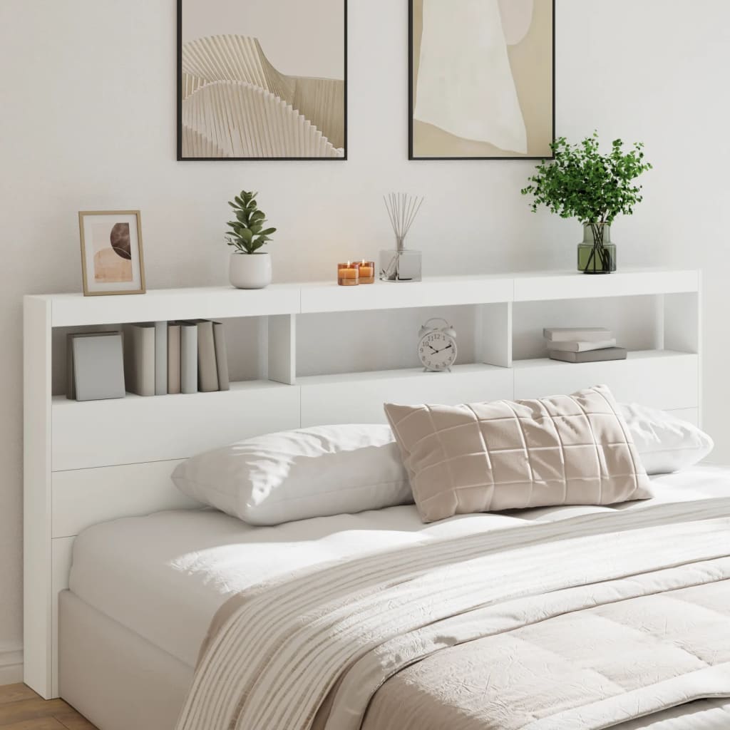 sengegavl med opbevaring og LED-lys 220x17x102 cm hvid