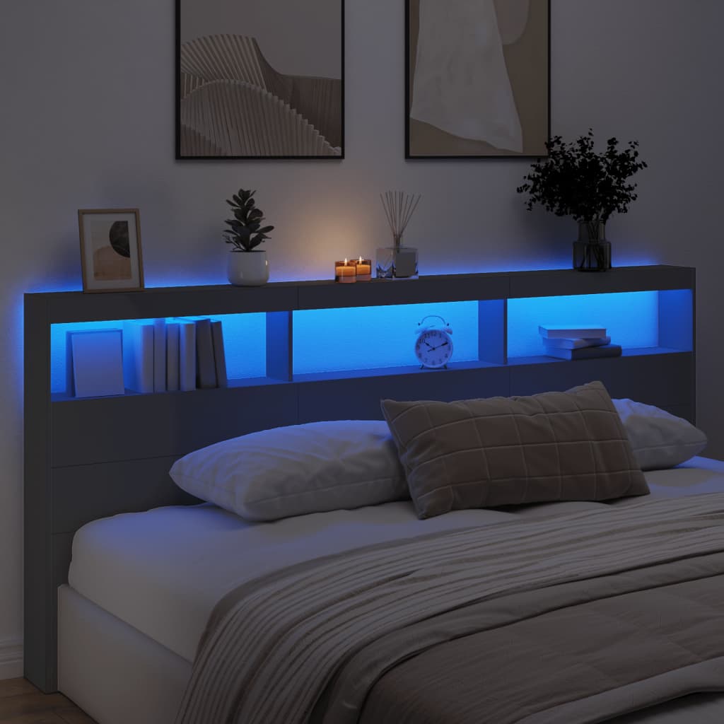 sengegavl med opbevaring og LED-lys 220x17x102 cm sort
