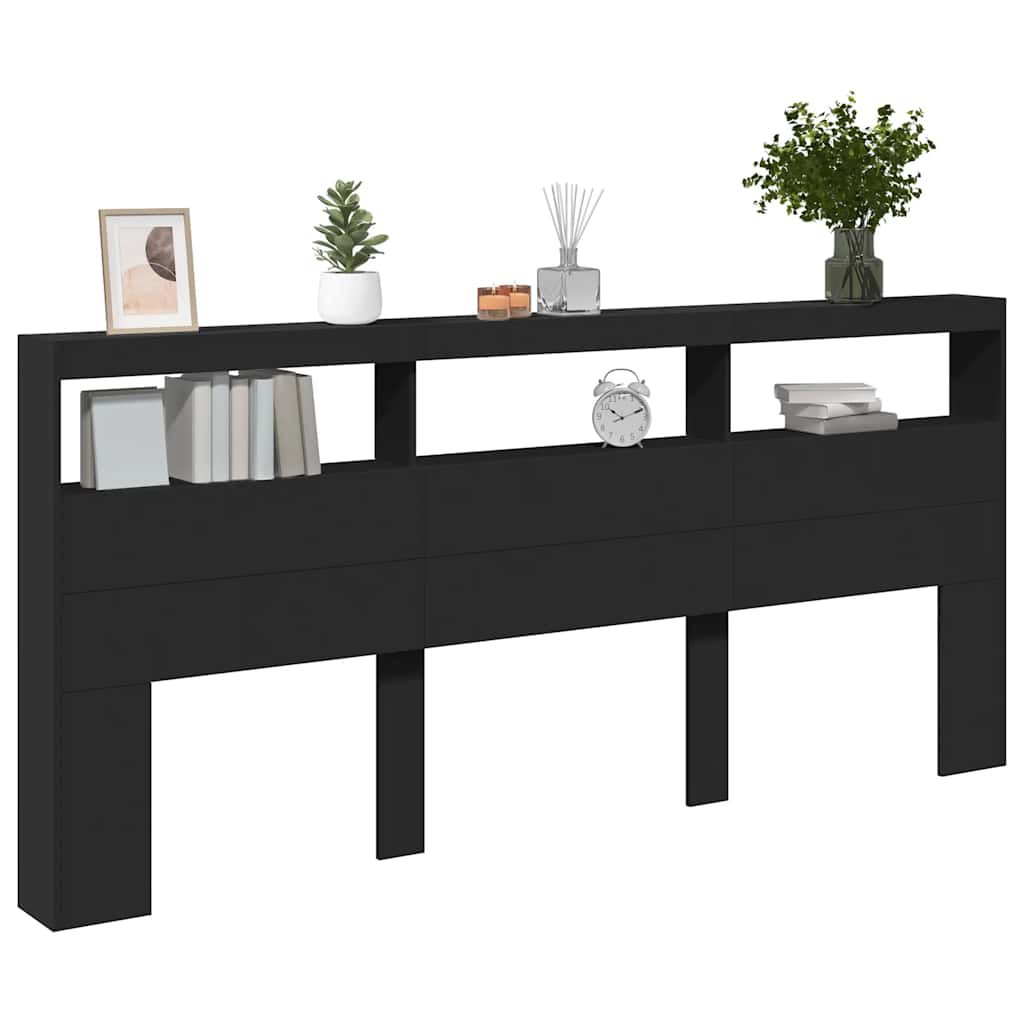 sengegavl med opbevaring og LED-lys 220x17x102 cm sort