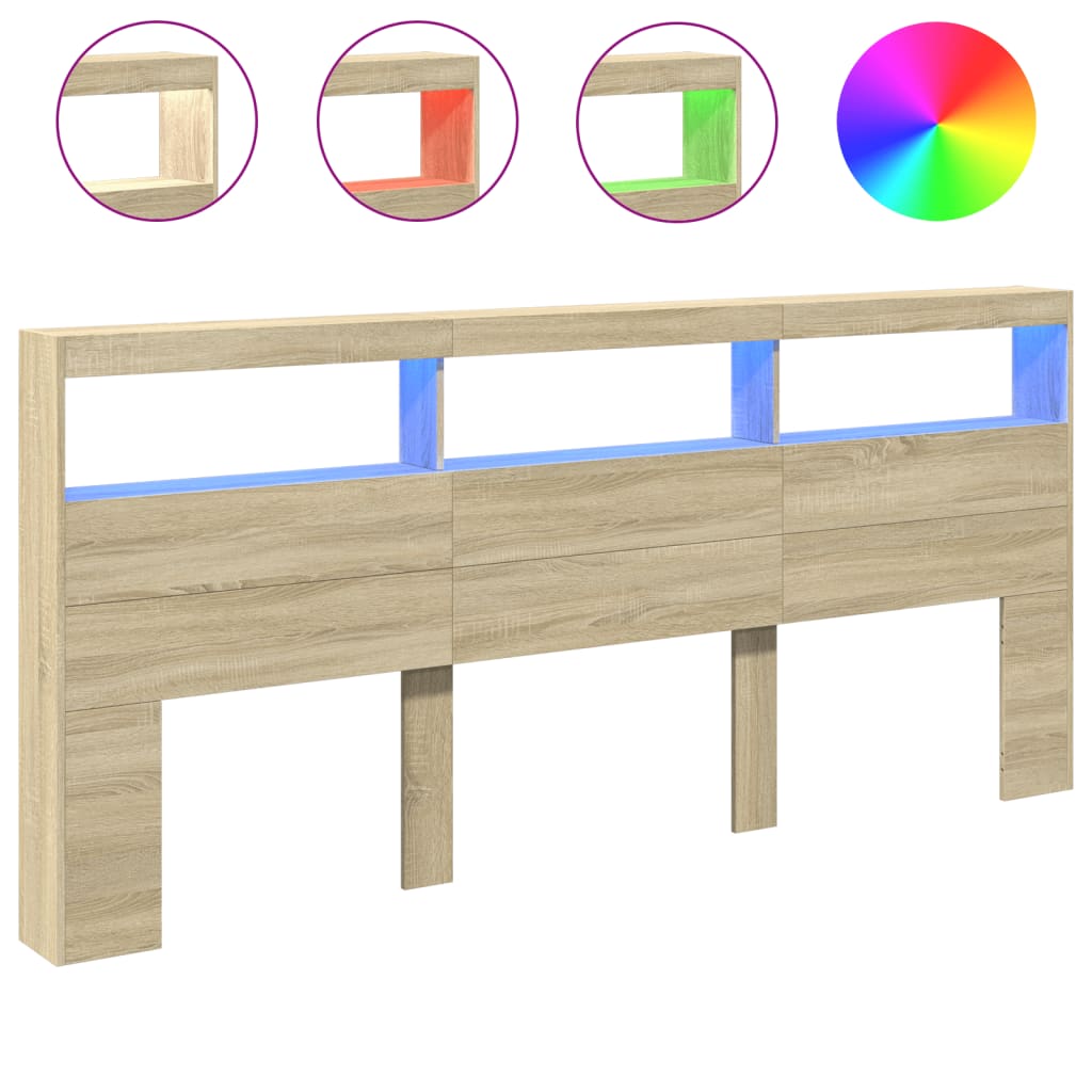 sengegavl med opbevaring og LED-lys 220x17x102 cm sonoma-eg