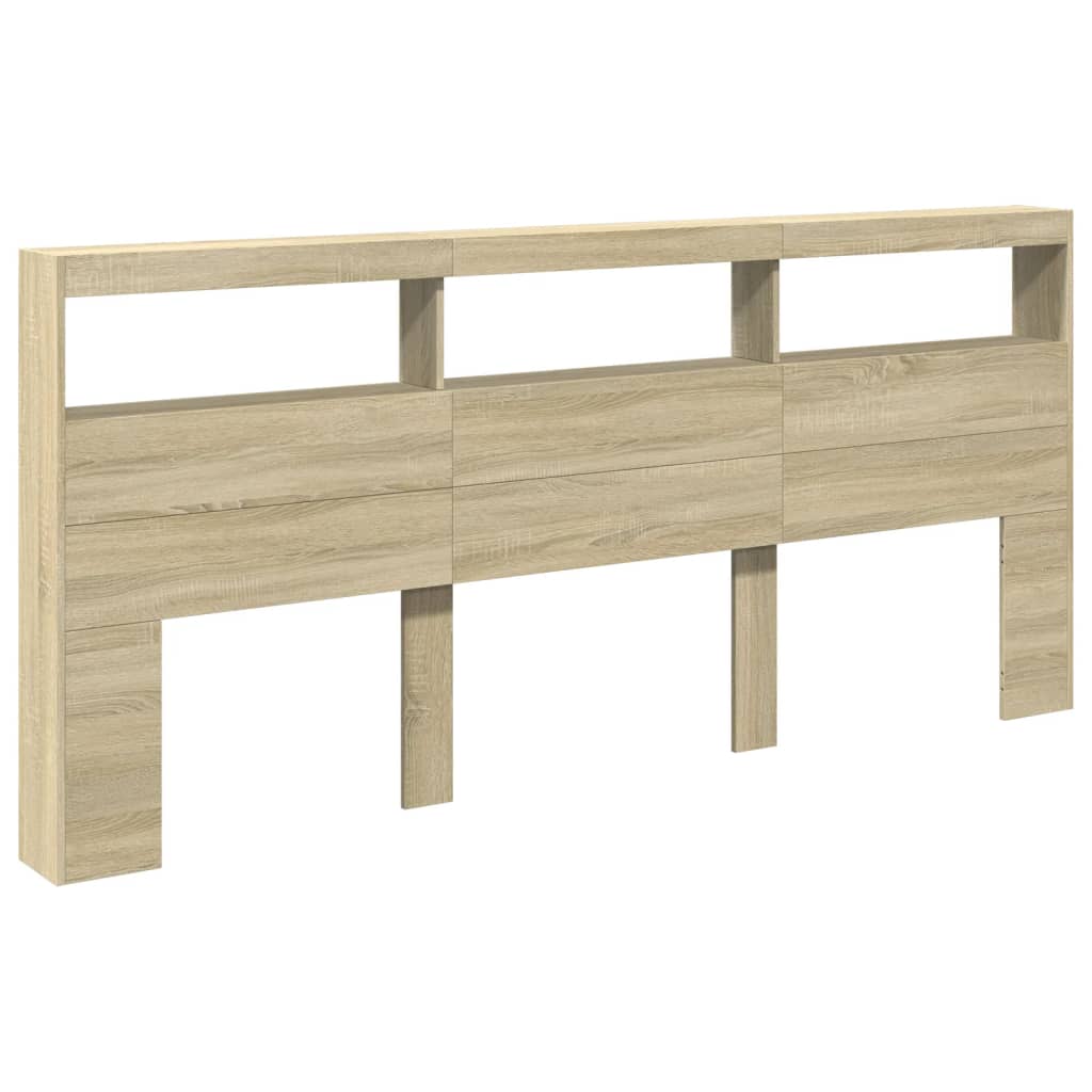 sengegavl med opbevaring og LED-lys 220x17x102 cm sonoma-eg