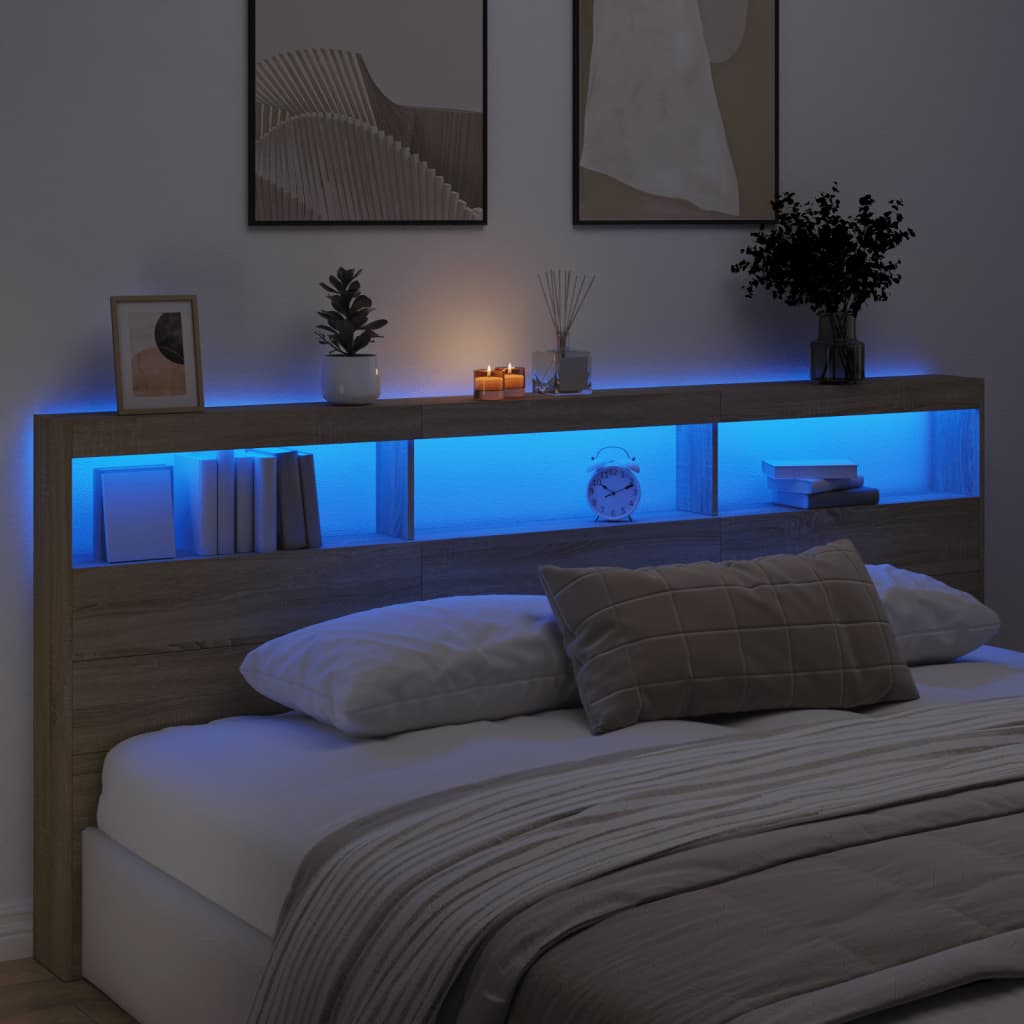 sengegavl med opbevaring og LED-lys 220x17x102 cm sonoma-eg