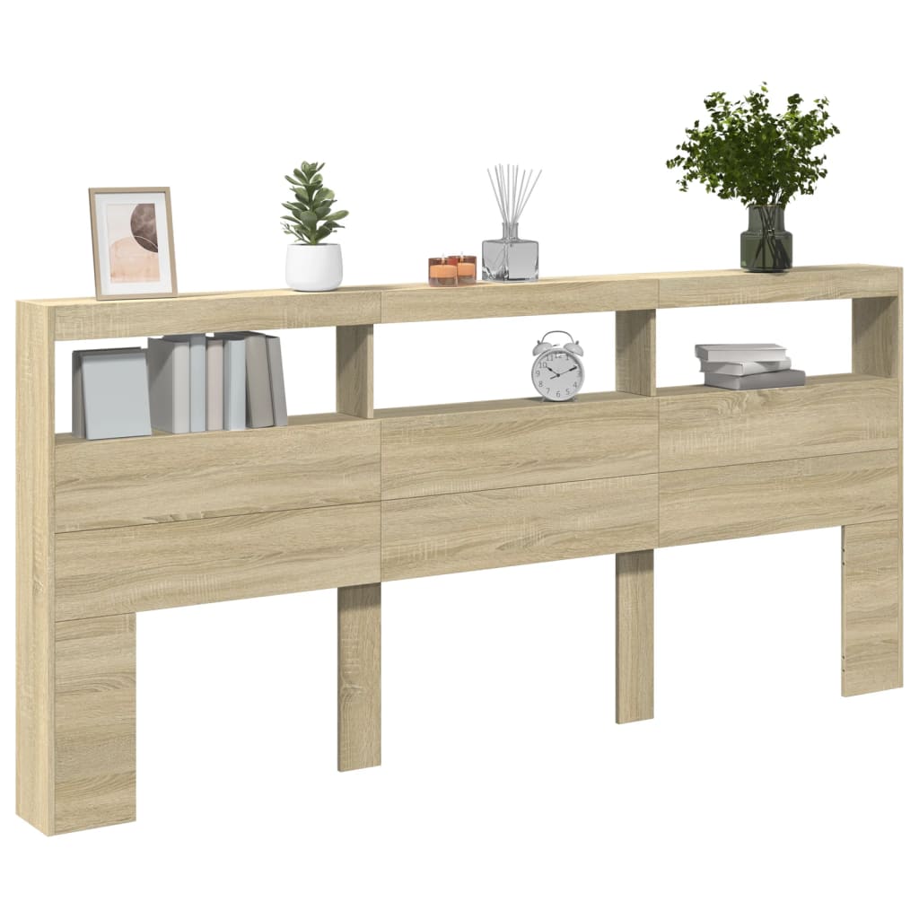 sengegavl med opbevaring og LED-lys 220x17x102 cm sonoma-eg