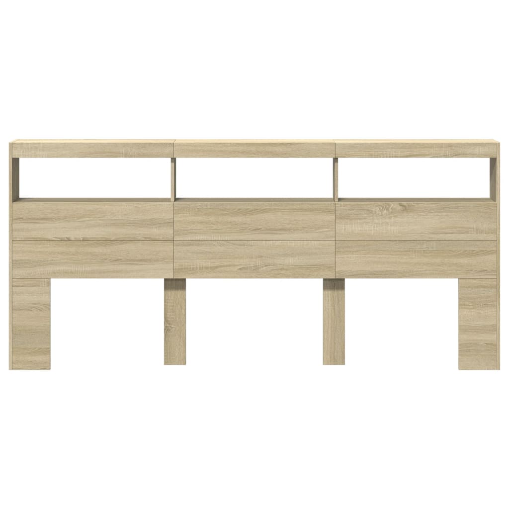 sengegavl med opbevaring og LED-lys 220x17x102 cm sonoma-eg