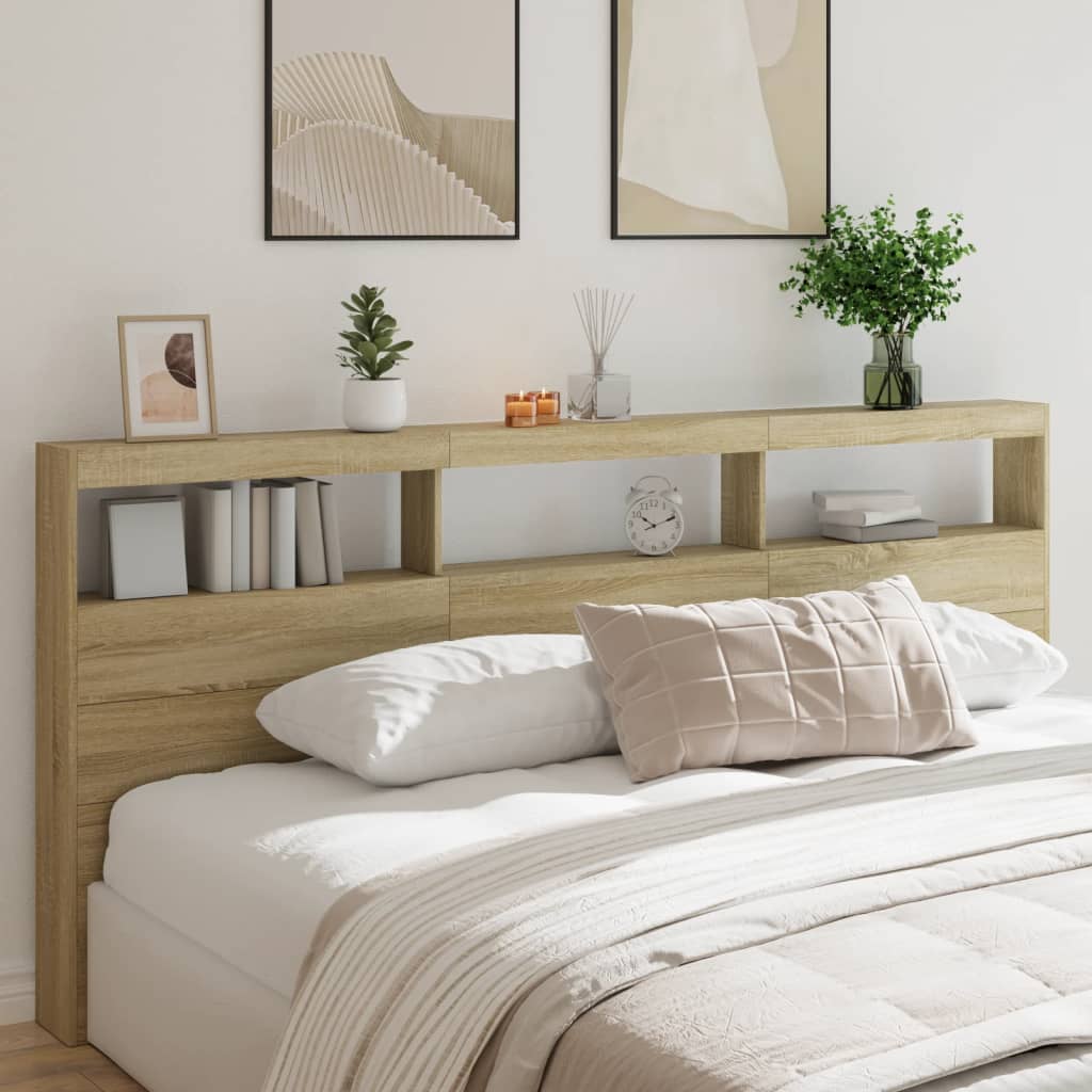sengegavl med opbevaring og LED-lys 220x17x102 cm sonoma-eg